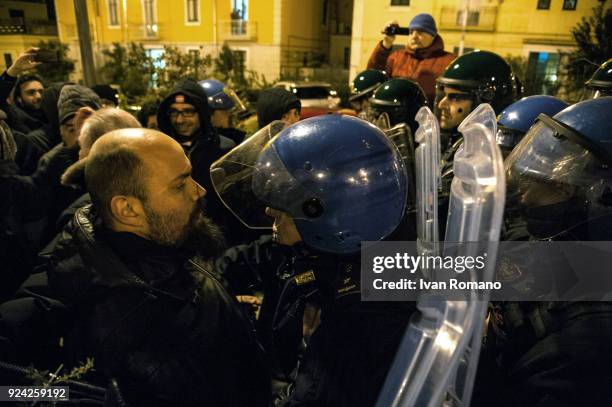 Anti-fascist demonstration during the political rally of Roberto Fiore, leader of the far-right party Forza Nuova on February 25, 2018 in Salerno,...