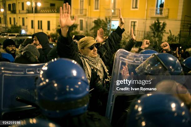 Anti-fascist demonstration during the political rally of Roberto Fiore, leader of the far-right party Forza Nuova on February 25, 2018 in Salerno,...