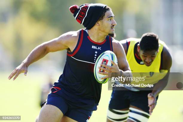 Sione Tuipulotu runs the ball during a Melbourne Rebels Super Rugby training session at Gosch's Paddock on February 26, 2018 in Melbourne, Australia.