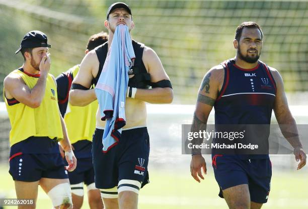 Geoff Parling looks on during a Melbourne Rebels Super Rugby training session at Gosch's Paddock on February 26, 2018 in Melbourne, Australia.