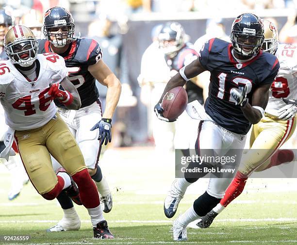 Kickoff returner Jacoby Jones of the Houston Texans returns a kick against the San Francisco 49ers at Reliant Stadium on October 25, 2009 in Houston,...