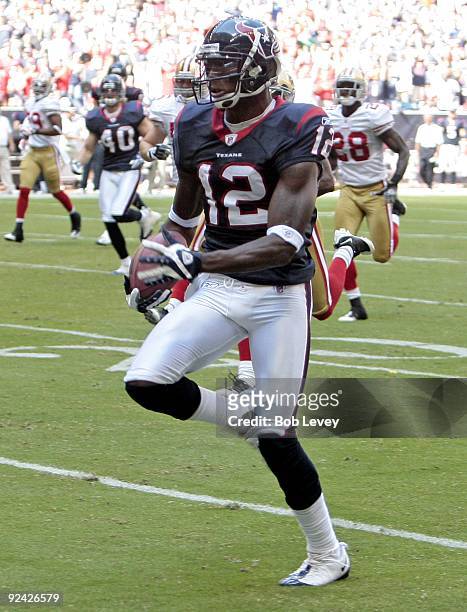 Kickoff returner Jacoby Jones of the Houston Texans returns a kick against the San Francisco 49ers at Reliant Stadium on October 25, 2009 in Houston,...