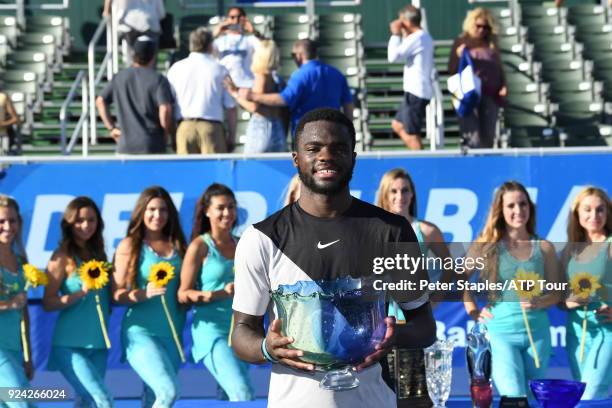 Championship winner Frances Tiafoe of United States during the trophy presentations at the Delray Beach Open held at the Delray Beach Stadium &...