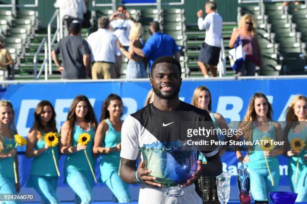 Championship winner Frances Tiafoe of United States during the trophy presentations at the Delray Beach Open held at the Delray Beach Stadium &...