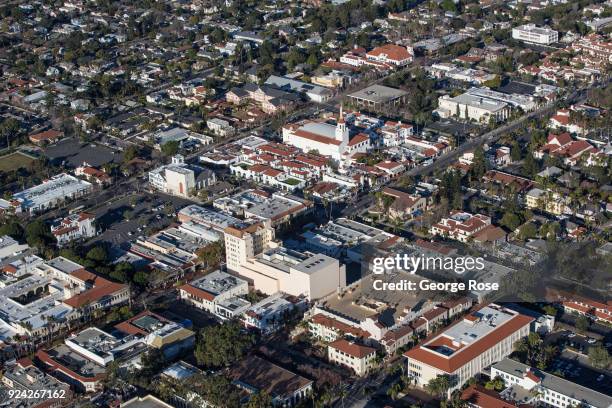 The Arlington and Granada Theaters along State Street in downtown are viewed in this aerial photo on February 23 in Santa Barbara, California. A...