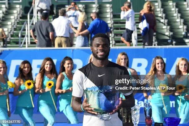 Championship winner Frances Tiafoe of United States during the trophy presentations at the Delray Beach Open held at the Delray Beach Stadium &...