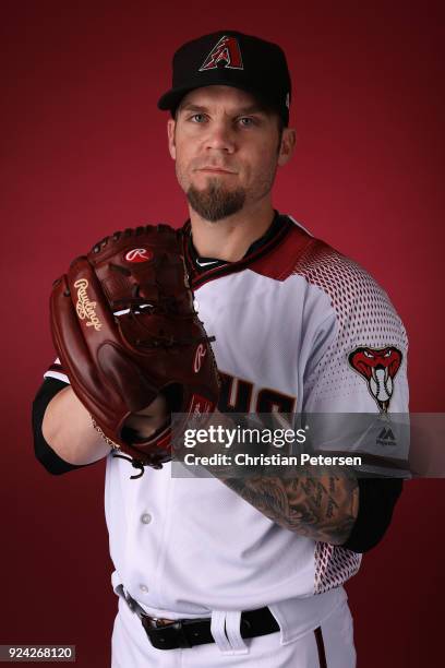 Pitcher Michael Blazek of the Arizona Diamondbacks poses for a portrait during photo day at Salt River Fields at Talking Stick on February 20, 2018...