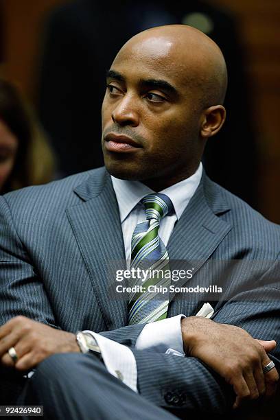 Former National Football League player Tiki Barber listens to testimony during a hearing of the House Judiciary Committee about football brain...