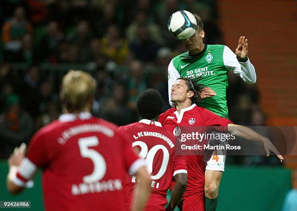 Torsten Oehrl of Bremen heads his team's third goal during the DFB Cup round of 16 match between between Werder Bremen and 1. FC Kaiserslautern at...