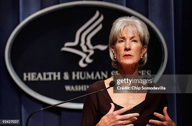 Health and Human Services Secretary Kathleen Sebelius holds a news conference to discuss the government's response to the H1N1 virus at the...