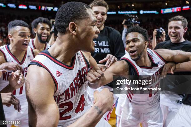 Nebraska guard James Palmer Jr. And Nebraska guard Anton Gill with their teammates celebrate their win over Penn State Sunday, February 25th at the...