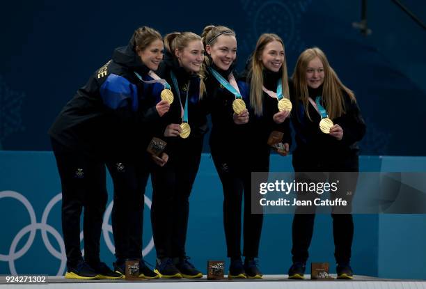 Gold medalists Anna Hasselborg, Sara McManus, Agnes Knochenhauer, Sofia Mabergs, Jennie Waahlin of Sweden celebrate during the victory ceremony...