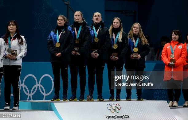 Gold medalists Anna Hasselborg, Sara McManus, Agnes Knochenhauer, Sofia Mabergs, Jennie Waahlin of Sweden celebrate during the victory ceremony...