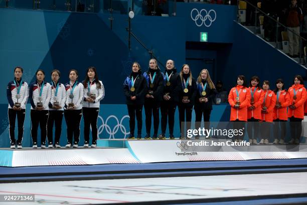 Silver medalists Kim Eunjung, Kim KyeongAe, Kim SeonYeong, Kim YeongMi, Kim Chochi of Republic of Korea, gold medalists Anna Hasselborg, Sara...