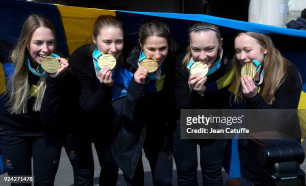 Gold medalists Anna Hasselborg, Sara McManus, Agnes Knochenhauer, Sofia Mabergs, Jennie Waahlin of Sweden pose following the Women's Gold Medal game...
