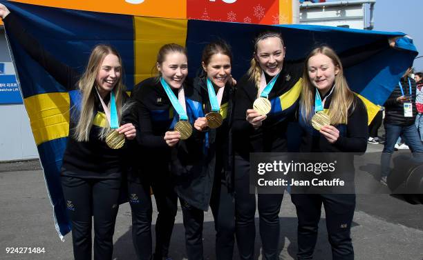 Gold medalists Anna Hasselborg, Sara McManus, Agnes Knochenhauer, Sofia Mabergs, Jennie Waahlin of Sweden pose following the Women's Gold Medal game...