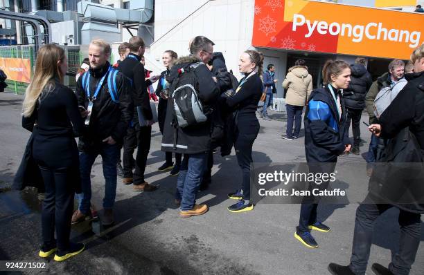 Gold medalists Anna Hasselborg, Sara McManus, Agnes Knochenhauer, Sofia Mabergs, Jennie Waahlin of Sweden answer to swedish media following the...