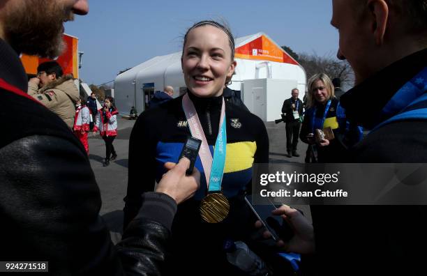 Gold medalist Agnes Knochenhauer of Sweden answers to the swedish media following the Women's Gold Medal game between Sweden and South Korea at the...