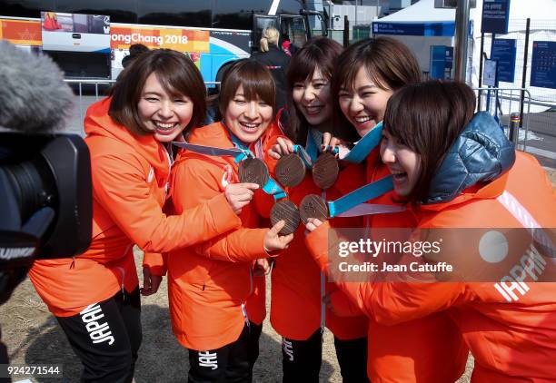Bronze medalists Satsuki Fujisawa, Chinami Yoshida, Yumi Suzuki, Yurika Yoshida, Mari Motohashi of Japan are interviewed by japan tv following the...