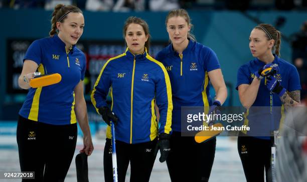 Agnes Knochenhauer, Anna Hasselborg, Sara McManus, Sofia Mabergs of Sweden during the Women's Gold Medal game between Sweden and South Korea at the...