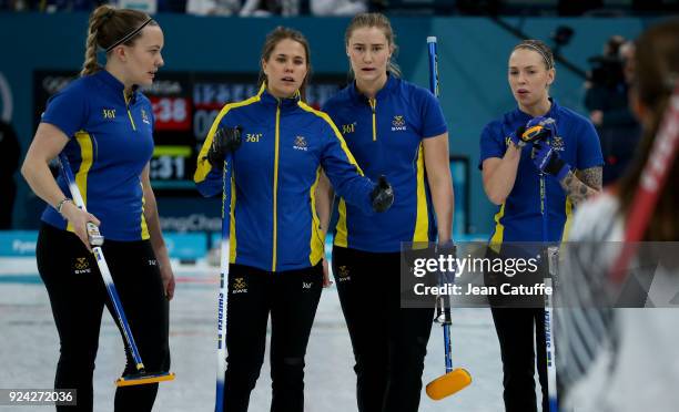 Agnes Knochenhauer, Anna Hasselborg, Sara McManus, Sofia Mabergs of Sweden during the Women's Gold Medal game between Sweden and South Korea at the...