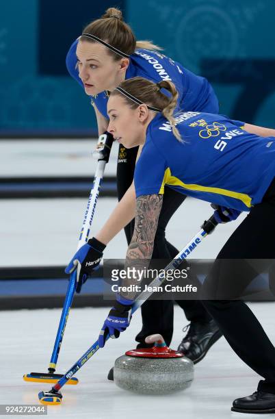 Agnes Knochenhauer, Sofia Mabergs of Sweden during the Women's Gold Medal game between Sweden and South Korea at the 2018 PyeongChang Winter Olympic...