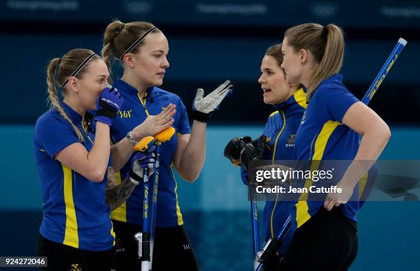 Sofia Mabergs, Agnes Knochenhauer, Anna Hasselborg, Sara McManus of Sweden during the Women's Gold Medal game between Sweden and South Korea at the...