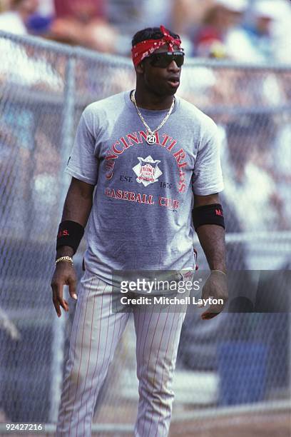 Deion Sanders of the Cinicnnati Reds after a baseball spring training workout on April 1, 1995 at Plant City Stadium in Plant City, Florida