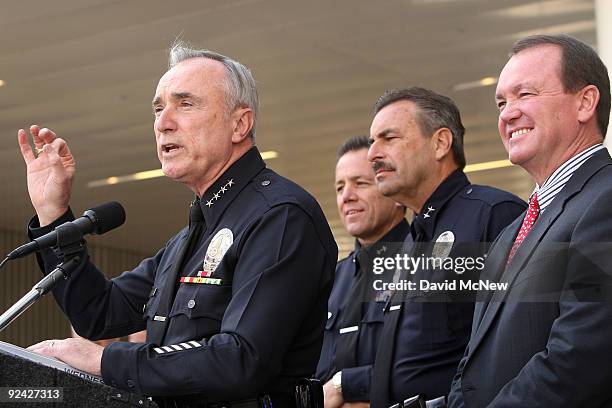 Los Angles Police chief William Bratton holds his last press conference as replacement candidates Deputy Chief Michel Moore , Deputy Chief Charlie...