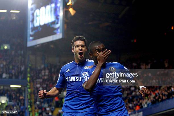 Salomon Kalou of Chelsea celebrates with his team mate Michael Ballack of Chelsea after Kalou scored the first goal during the Carling Cup 4th Round...