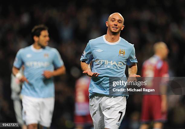 Stephen Ireland of Manchester City celebrates scoring the first goal during the Carling Cup 4th Round match at the City of Manchester Stadium on...