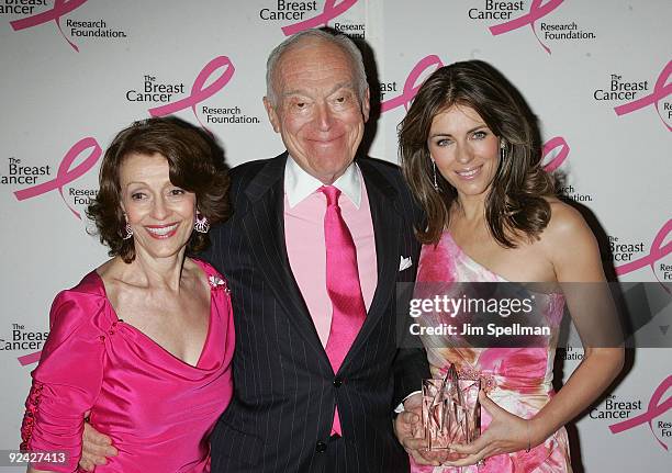 Philanthropist Evelyn Lauder, Estee Lauder Companies chairman of the board Leonard Lauder and Elizabeth Hurley attend the Humanitarian Award from The...