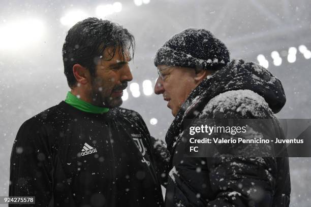Gianluigi Buffon of Juventus speacking with Giuseppe Marotta general manager of Sports Area Juventus before the match suspended for impracticabily of...