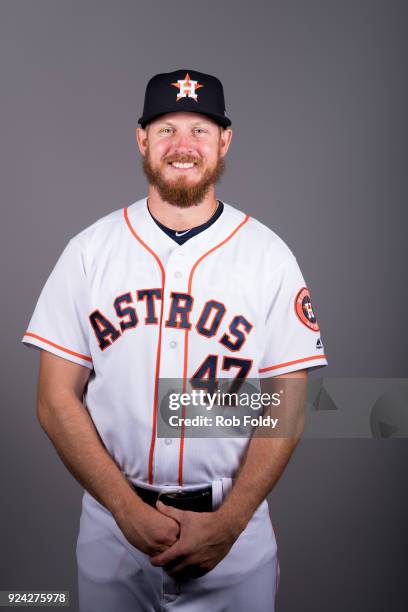 Chris Devenski of the Houston Astros poses during Photo Day on Wednesday, February 21, 2018 at the Ballpark of the Palm Beaches in West Palm Beach,...