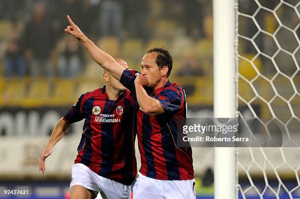 Adailton of Bologna FC celebrates a goal during the Serie A match between Bologna FC and AC Siena at Stadio Renato Dall'Ara on October 28, 2009 in...