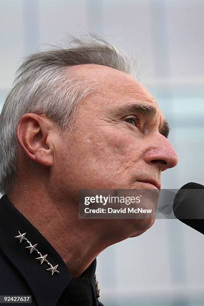 Los Angeles Police Chief William Bratton holds his last press conference outside the new Police Administration Building on October 28, 2009 in Los...