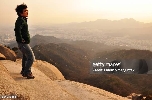 a man standing at the top of mountain looking down at seoul cityscape - looking down stock-fotos und bilder