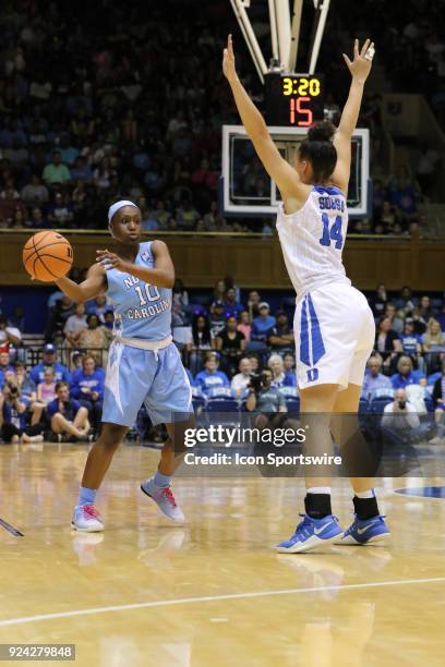 North Carolina Tar Heels guard Jamie Cherry and Duke Blue Devils guard/forward Faith Suggs during the 2nd half of the Women's Duke Blue Devils game...