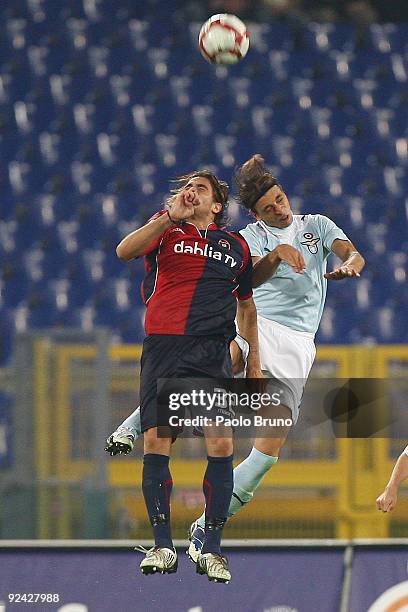 Alessandro Matri of Cagliari Calcio and Sebastiano Siviglia of SS Lazio in action during the Serie A match between SS Lazio and Cagliari Calcio at...