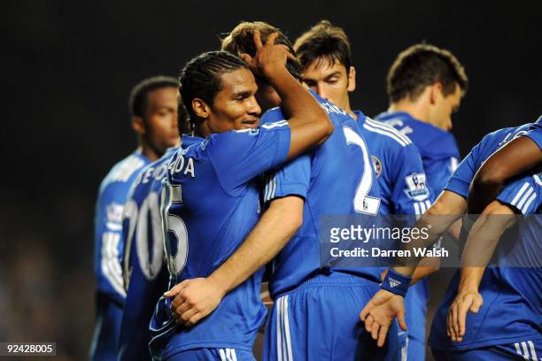 Florent Malouda of Chelsea celebrates scoring the second goal during the Carling Cup 4th Round match between Chelsea and Bolton Wanderers at Stamford...