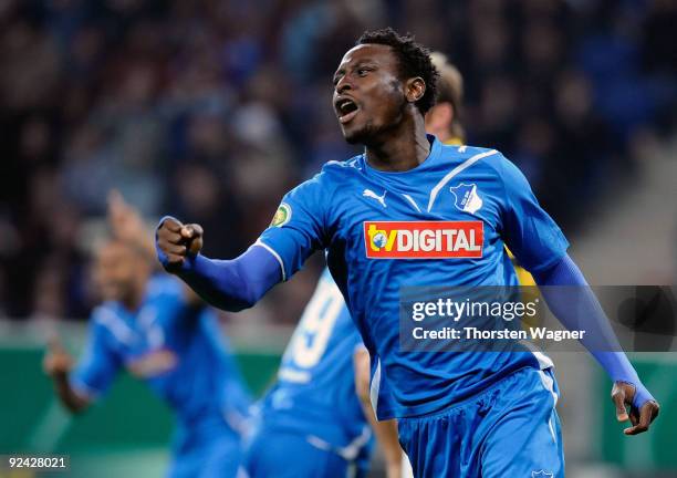 Chinedu Obasi of Hoffenheim celebrates after his team mate Sejad Salihovic scores their team's first goal during the DFB Cup round of 16 match...