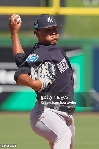 Justus Sheffield of the Yankees delivers a pitch to the plate during the spring training game between the New York Yankees and the Philadelphia...