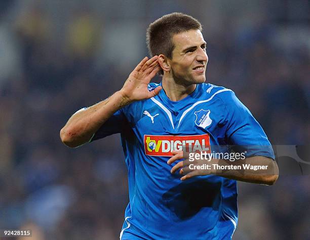 Vedad Ibisevic of Hoffenheim celebrates after scoring his team's second goal during the DFB Cup round of 16 match between TSG 1899 Hoffenheim and TuS...