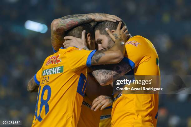 Andre-Pierre Gignac of Tigres celebrates with teammate Ismael Sosa after scoring his team's first goal during the 9th round match between Tigres UANL...