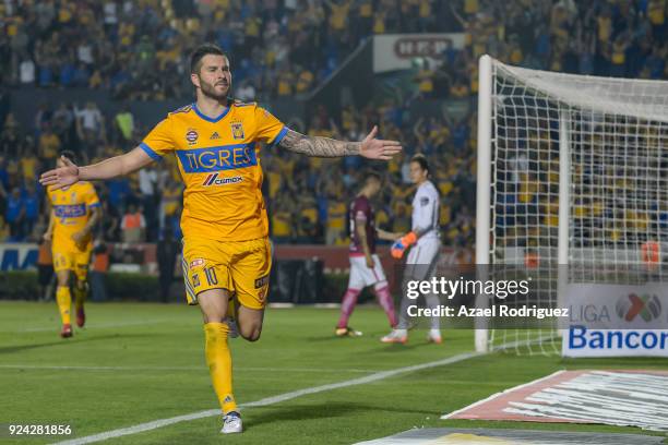 Andre-Pierre Gignac of Tigres celebrates after scoring his team's first goal during the 9th round match between Tigres UANL and Morelia as part of...