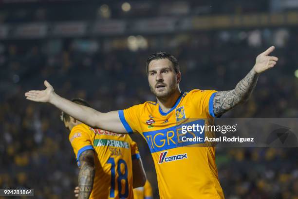 Andre-Pierre Gignac of Tigres celebrates after scoring his team's first goal during the 9th round match between Tigres UANL and Morelia as part of...