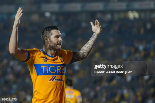 Andre-Pierre Gignac of Tigres celebrates after scoring his team's first goal during the 9th round match between Tigres UANL and Morelia as part of...