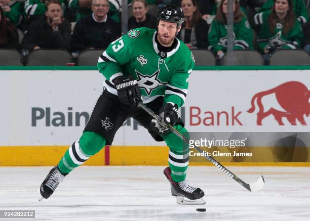 Marc Methot of the Dallas Stars handles the puck against the Winnipeg Jets at the American Airlines Center on February 24, 2018 in Dallas, Texas.