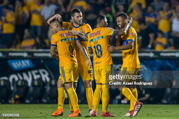 Rafael De Souza of Tigres celebrates with teammates after scoring his team's second goal during the 9th round match between Tigres UANL and Morelia...