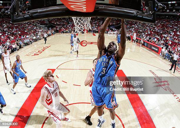 White of the Oklahoma City Thunder goes to the basket during a preseason game against the Houston Rockets at Toyota Center on October 19, 2009 in...